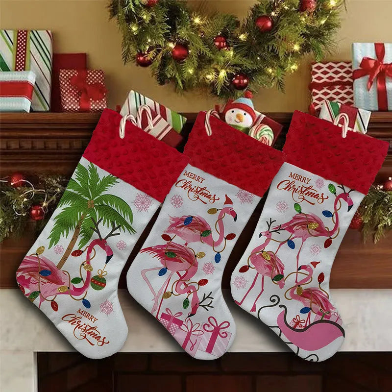 Red cloth Christmas stocking with white cuff hanging on a mantelpiece.