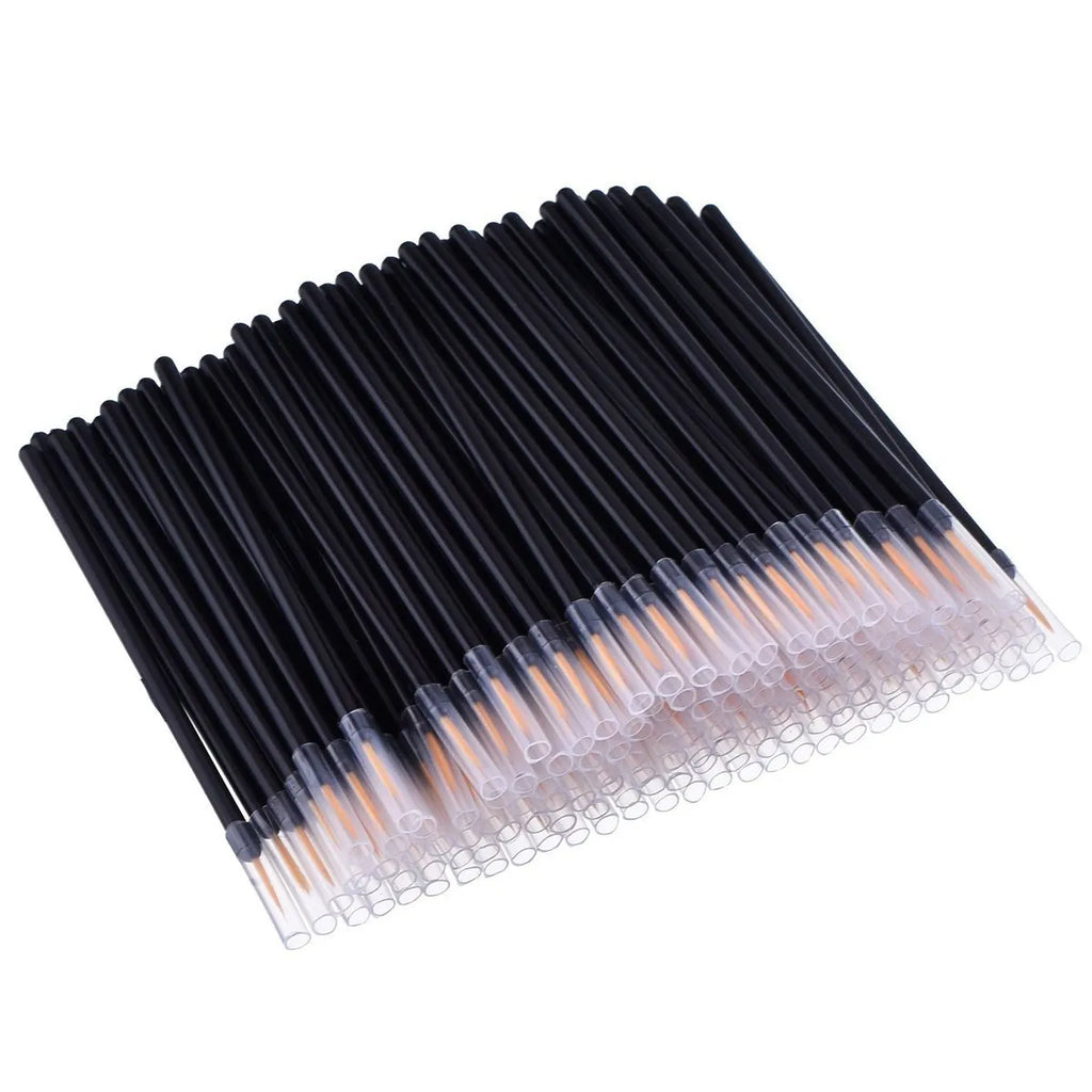 Pack of 100 disposable ultra-fine tip eyeliner brushes with protective plastic sleeves