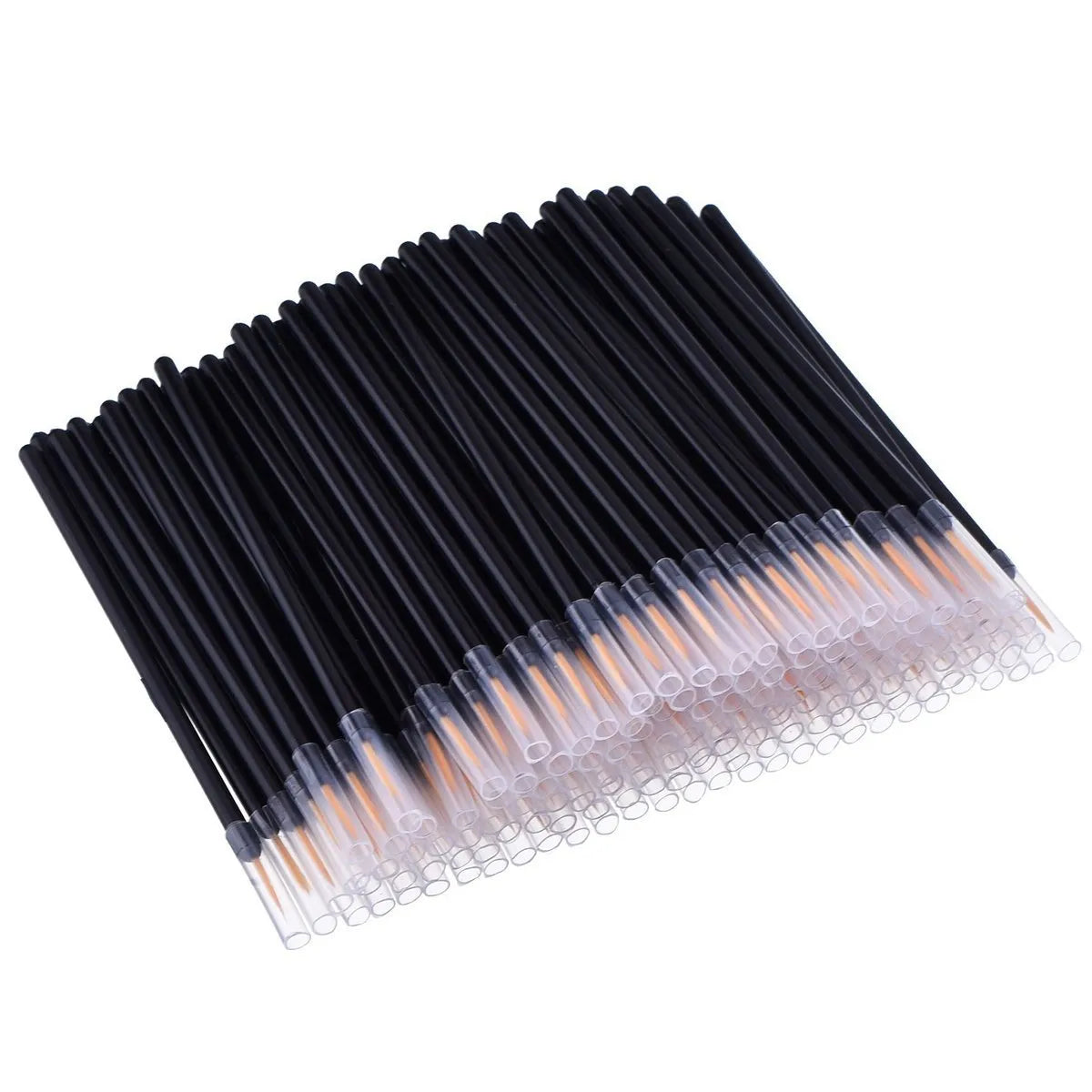 Pack of 100 disposable ultra-fine tip eyeliner brushes with protective plastic sleeves