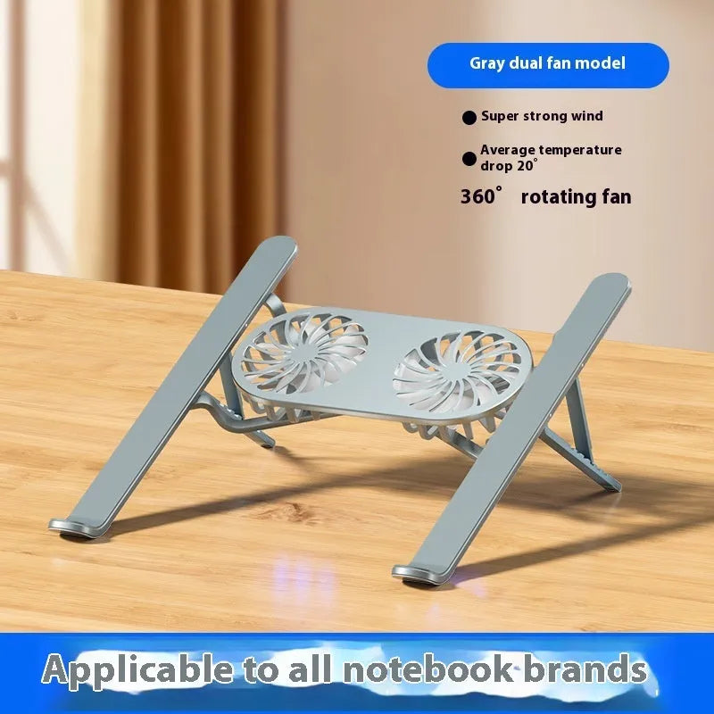 Aluminium alloy laptop cooling stand with twin fans in folded position showing silver finish