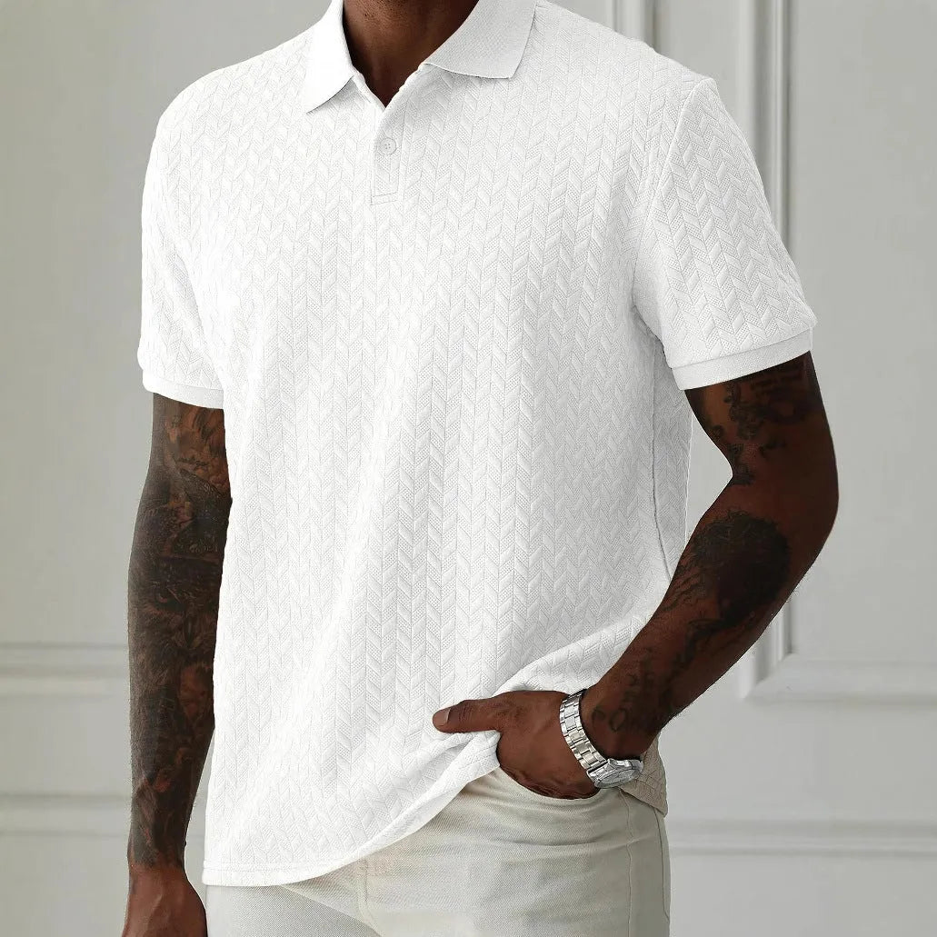 Men's solid colour short-sleeved polo shirt with collar, polyester, available in five colours and sizes S to 2XL.