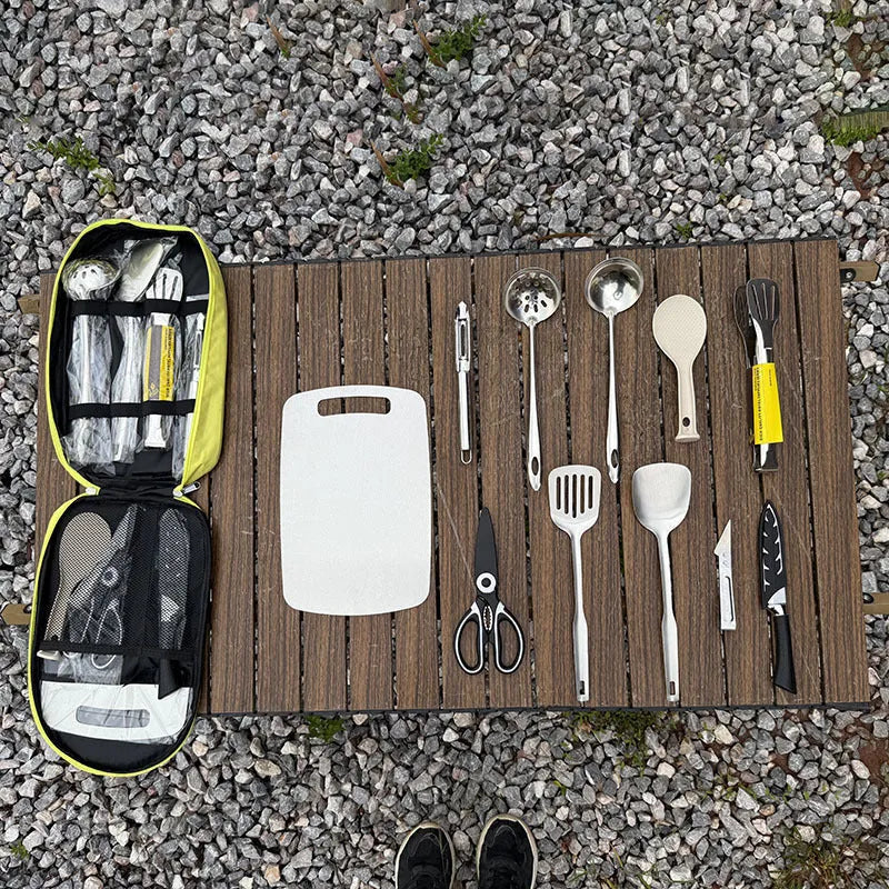 Multi-functional portable picnic kitchenware storage bag containing 12 piece stainless steel cutlery set