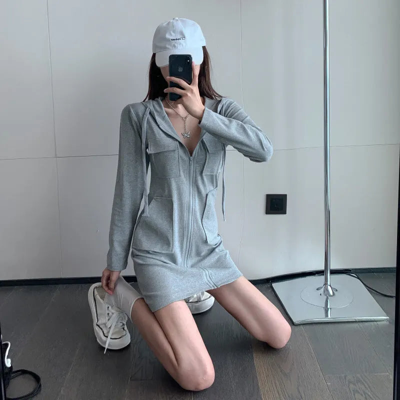 Women's mid-length hooded zip-up sweatshirt dress in 100% polyester, grey black or white, sizes S to 2XL