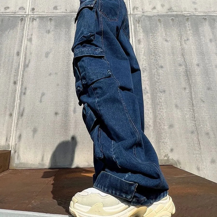 Dark blue distressed wide-leg jeans with high waist and multiple pockets