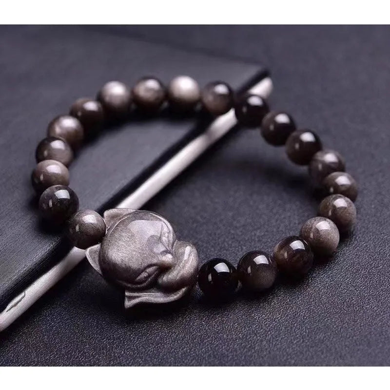 Obsidian bracelet with 8mm fox charm on single ring, polished stone finish