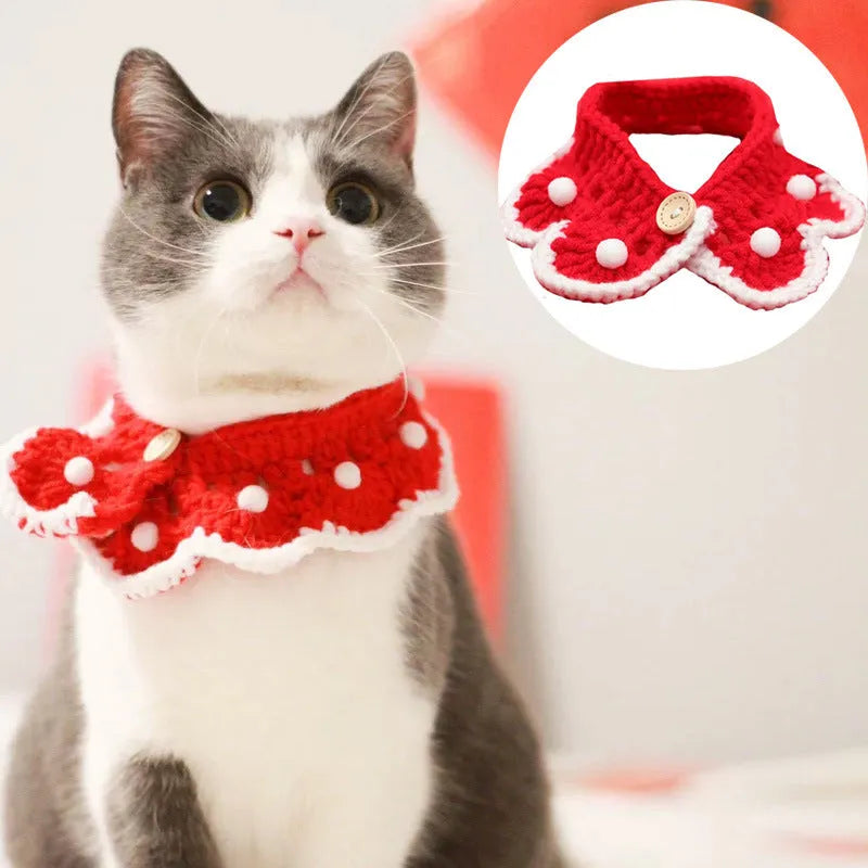Handmade cartoon-pattern knitted collar for pet cat, dog, or rabbit made from soft milk cotton yarn.