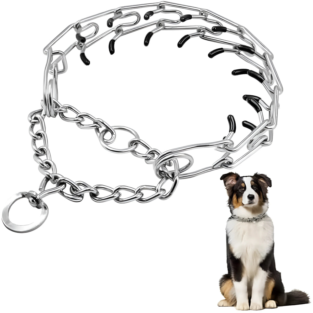Stainless steel dog training prong collar with rubber tips, showing adjustable chain links.