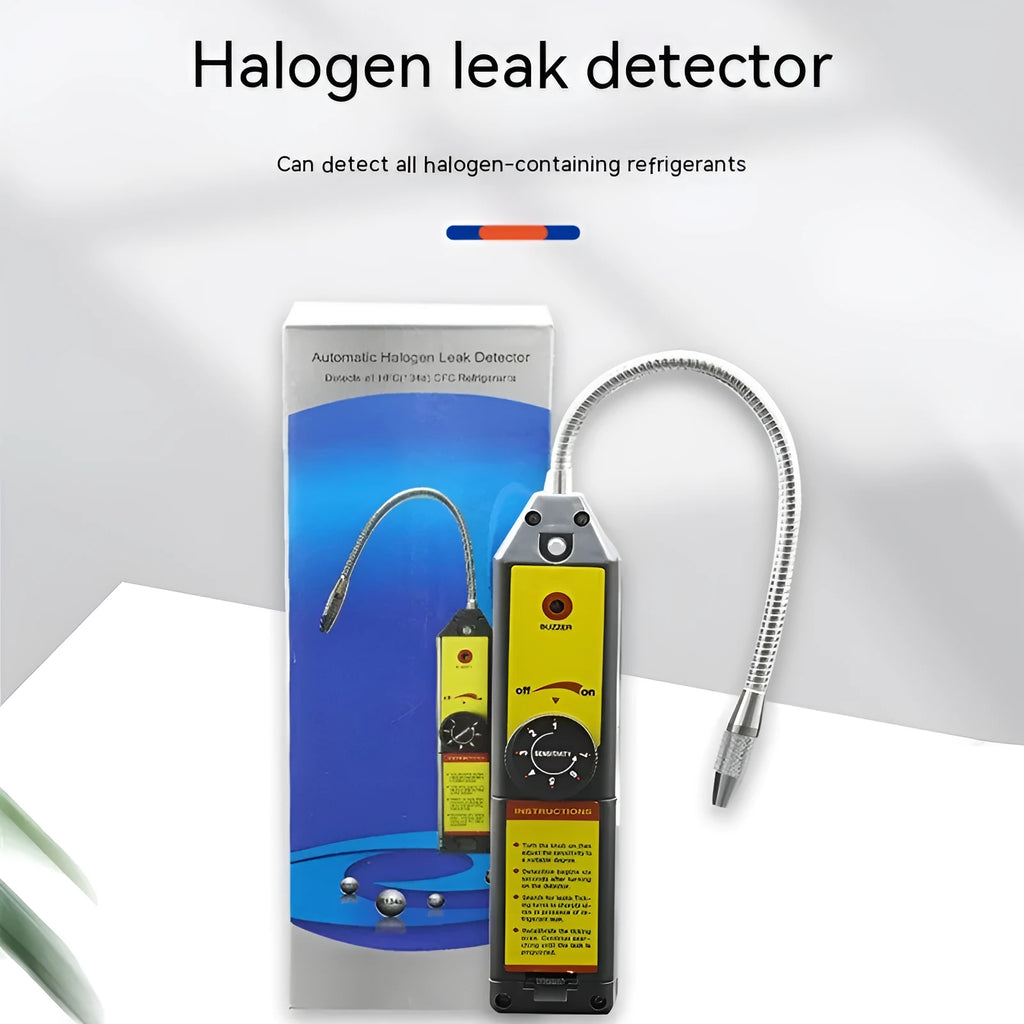WJL-6000 handheld electronic halogen leak detector with a long black probe on a workshop bench.