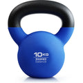 Blue solid cast iron teapot-shaped dumbbell on a plain background