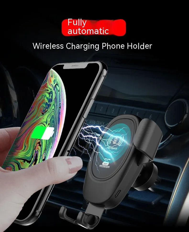 D12 black car wireless charger with air outlet clip, Type-C input, 9.8 x 4.6 x 11cm ABS body