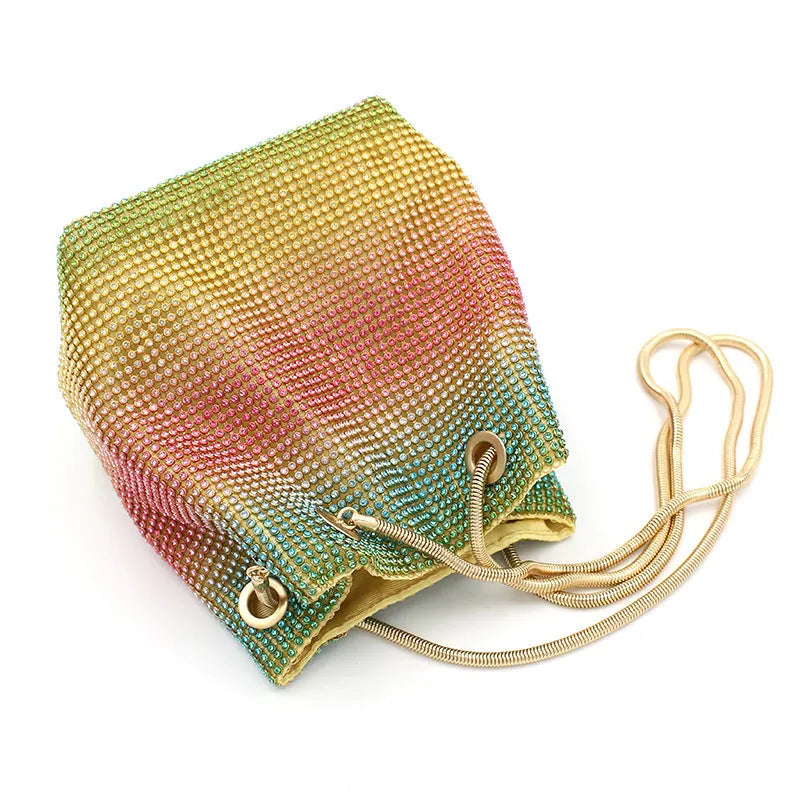 Rainbow coloured rhinestone bucket bag with sparkling diamond decoration
