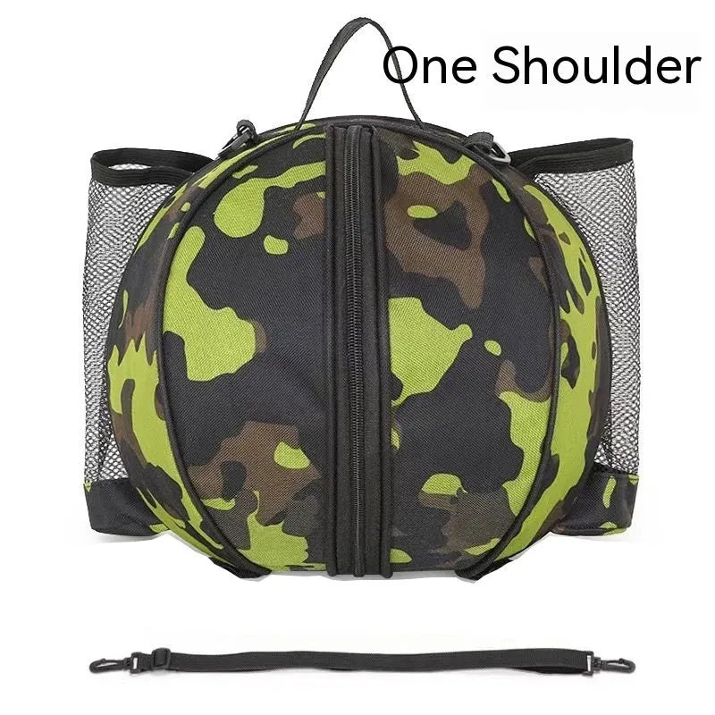 Oxford cloth basketball training bag with adjustable strap shown in a camouflage colour option.