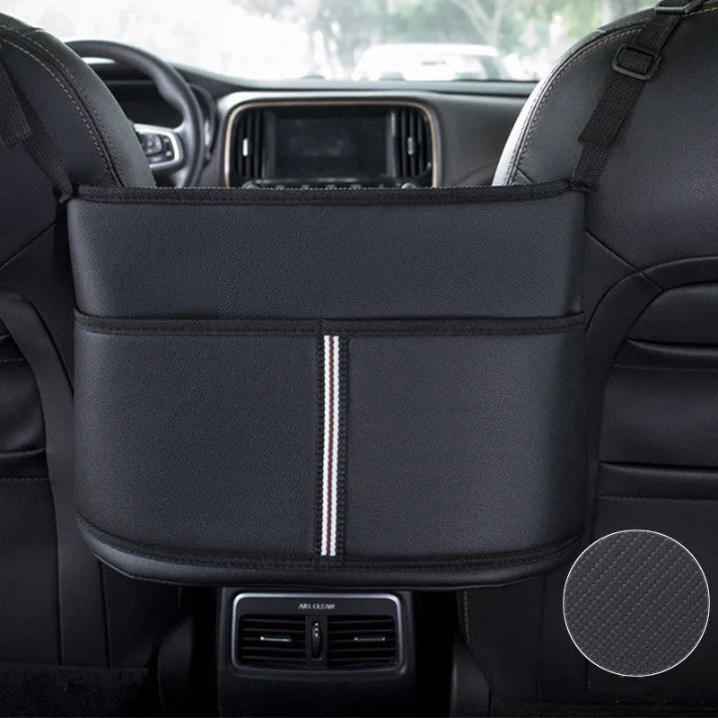 Black leather car seat net pocket storage bag with sports carbon fibre pattern