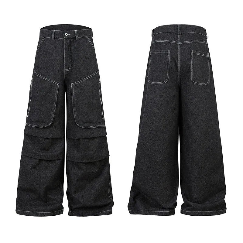 Black pleated jeans with multiple pockets, mid-waist design, and zip placket closure