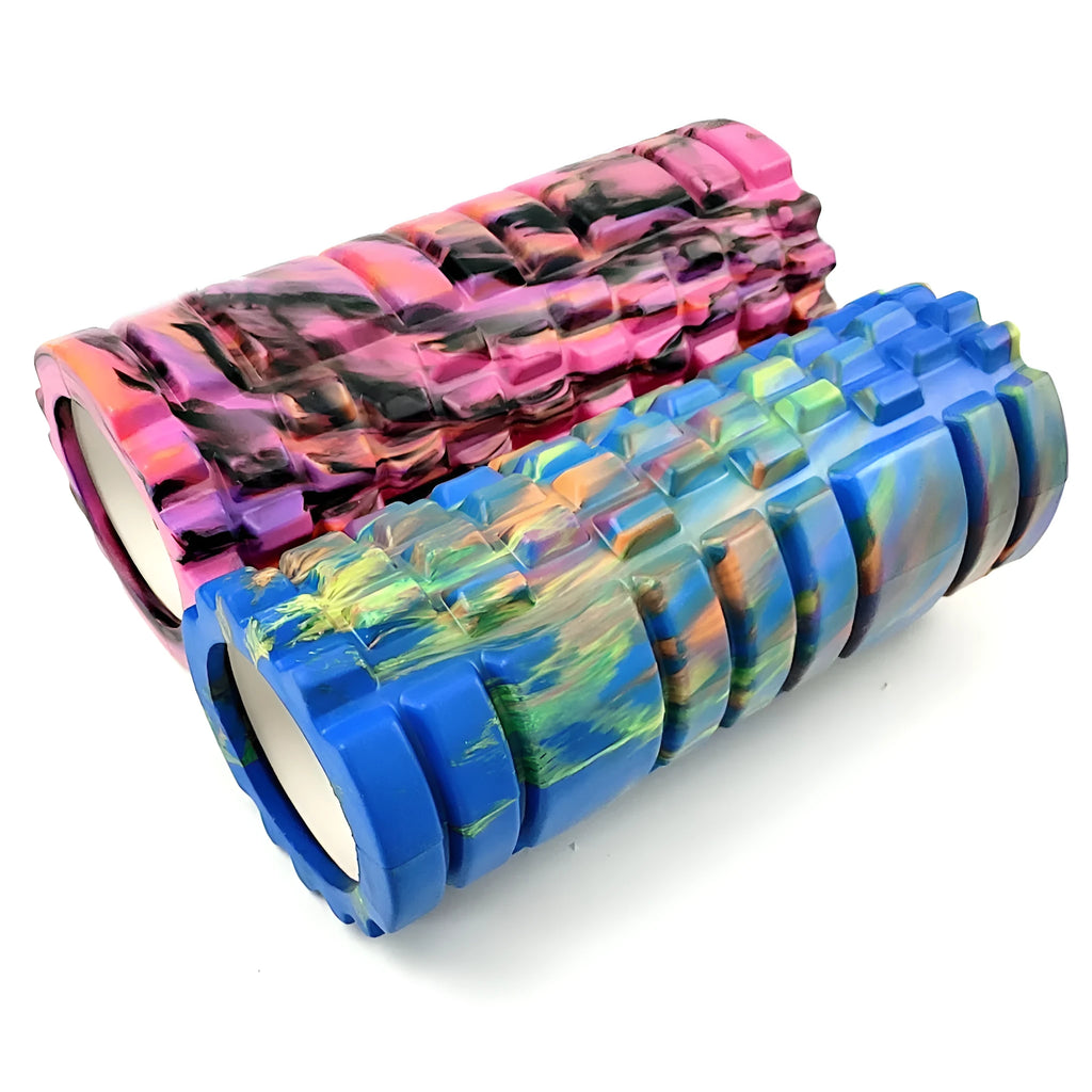 33cm camouflage pattern EVA foam roller showing blue green yellow colour variant