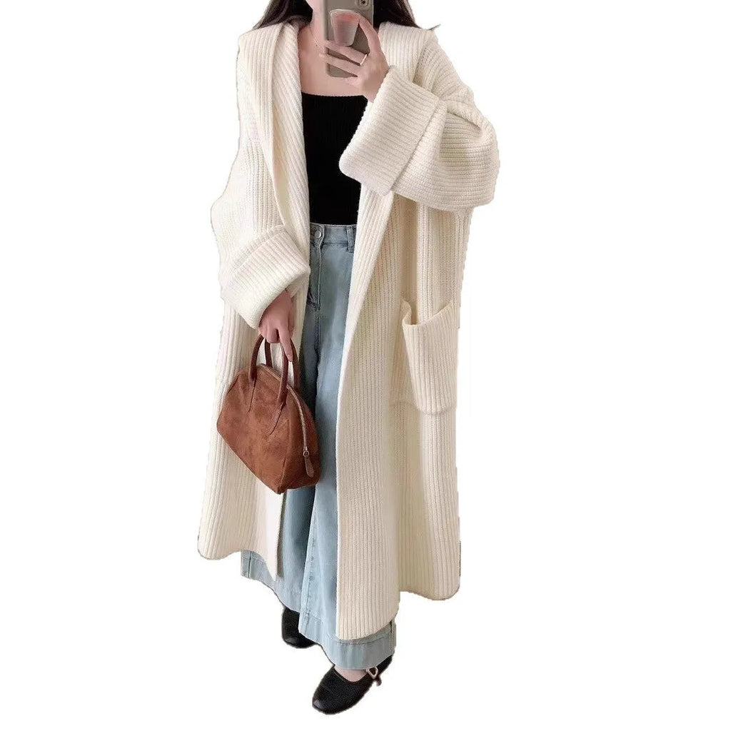 Loose hooded sweatshirt cardigan coat in acrylic fibre with raglan sleeves and extended length