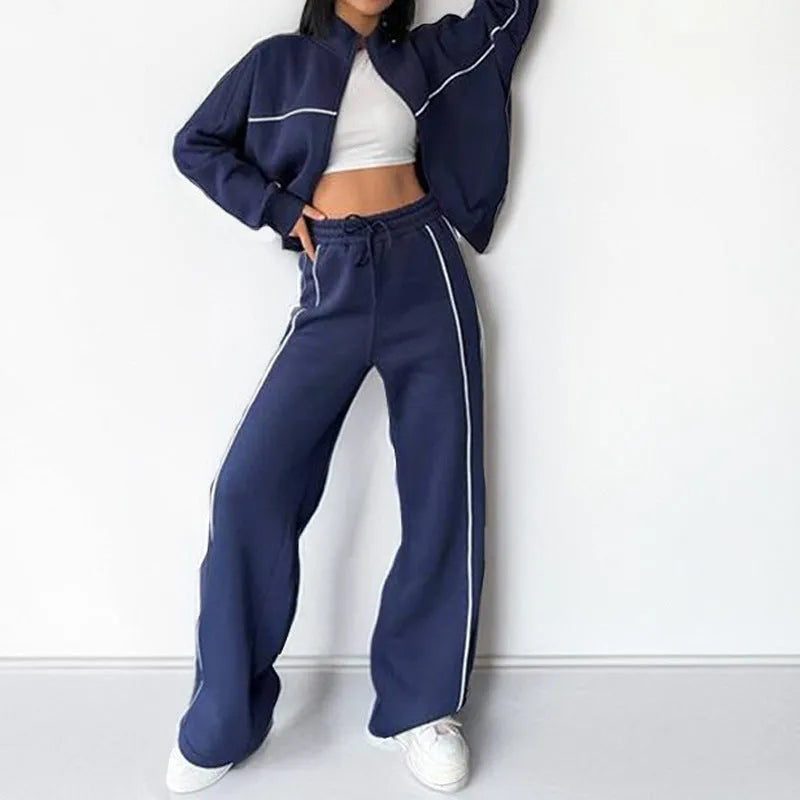 Women's casual two-piece suit with zippered hoodie and striped trousers in apricot colour