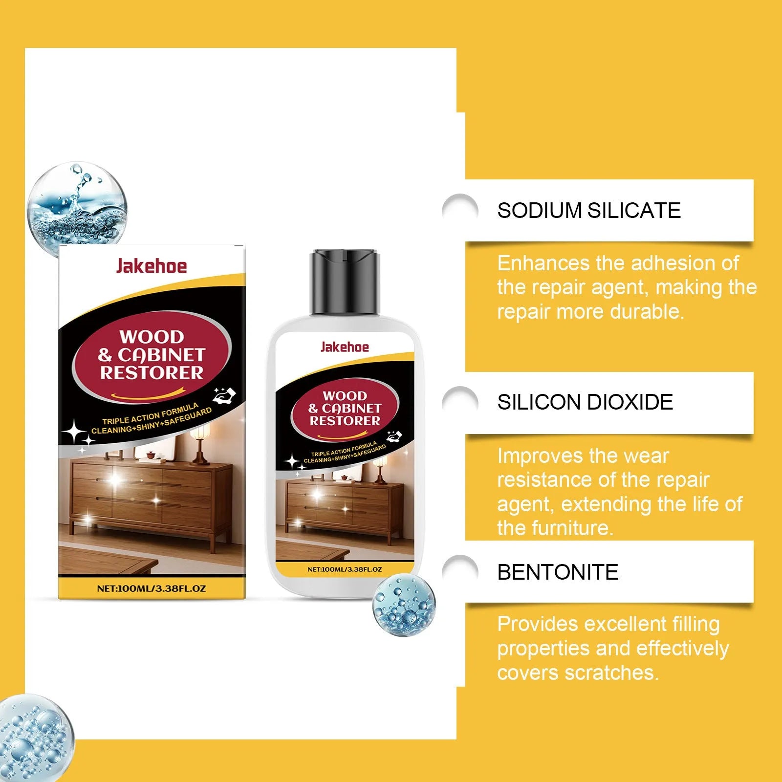 Wooden furniture scratch care solution with 100ml bottle and 20x20cm application towel