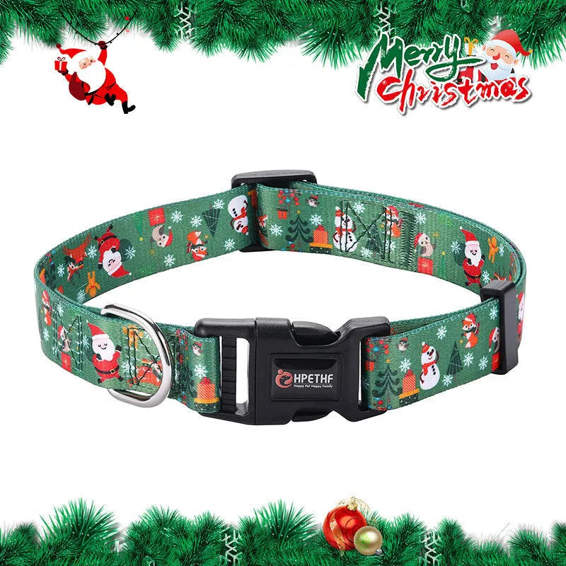Christmas red polyester dog collar and hand holding rope set on a festive background
