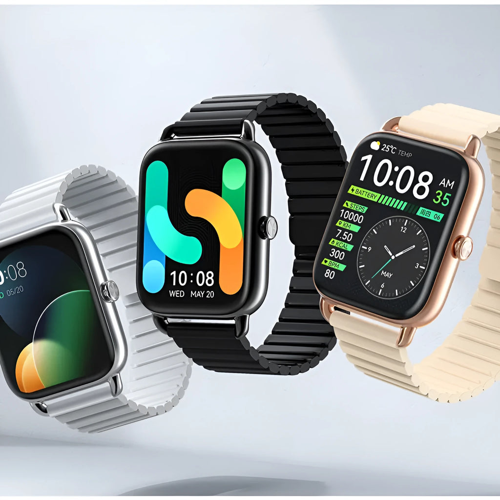 S4PLUS LS11 smart sports watch with AMOLED display shown in black, champagne or silver colours