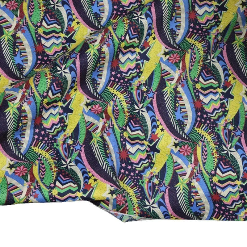 Blue cotton fabric with plant and flower designs, 145cm width measurement