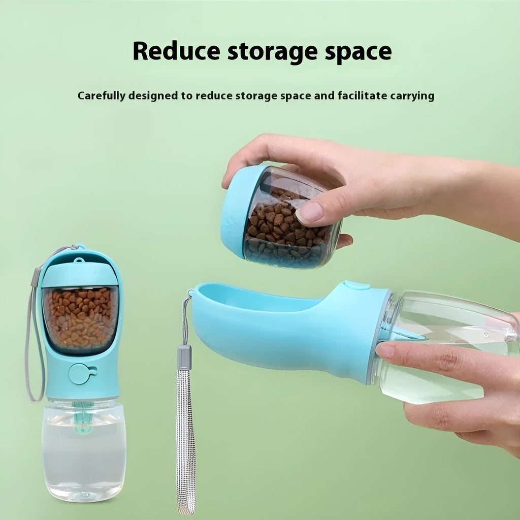 Portable dual-use dog water cup in plastic with split grain design, shown in blue colour