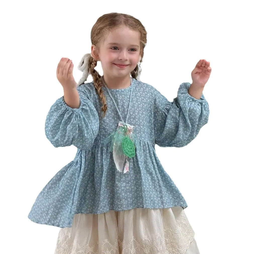 Blue cotton round neck doll shirt with floral pattern for girls long sleeves
