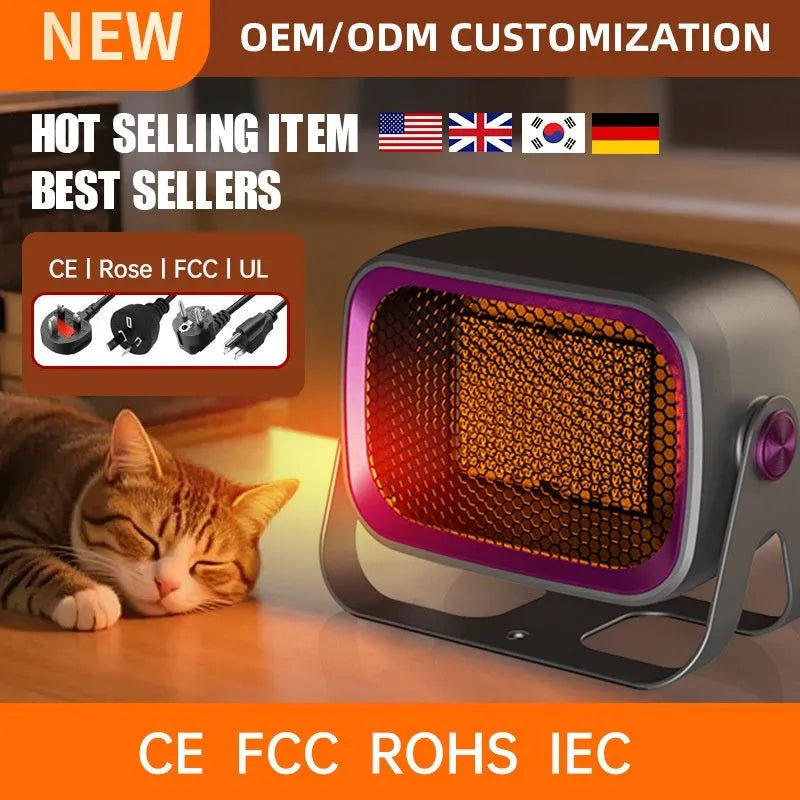 White rotatable desktop PTC ceramic heater showing control buttons and air outlet.
