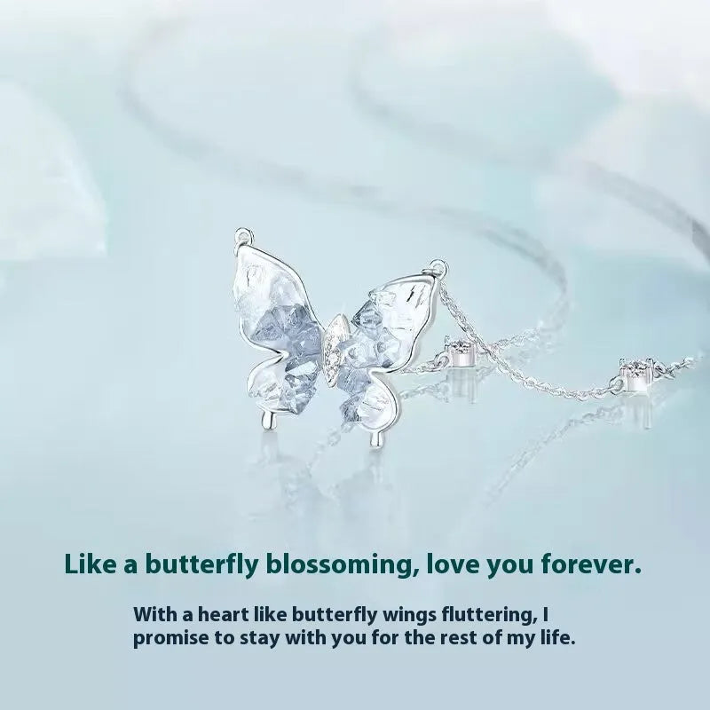 S925 silver necklace with ice rain butterfly pendant on adjustable O-ring chain