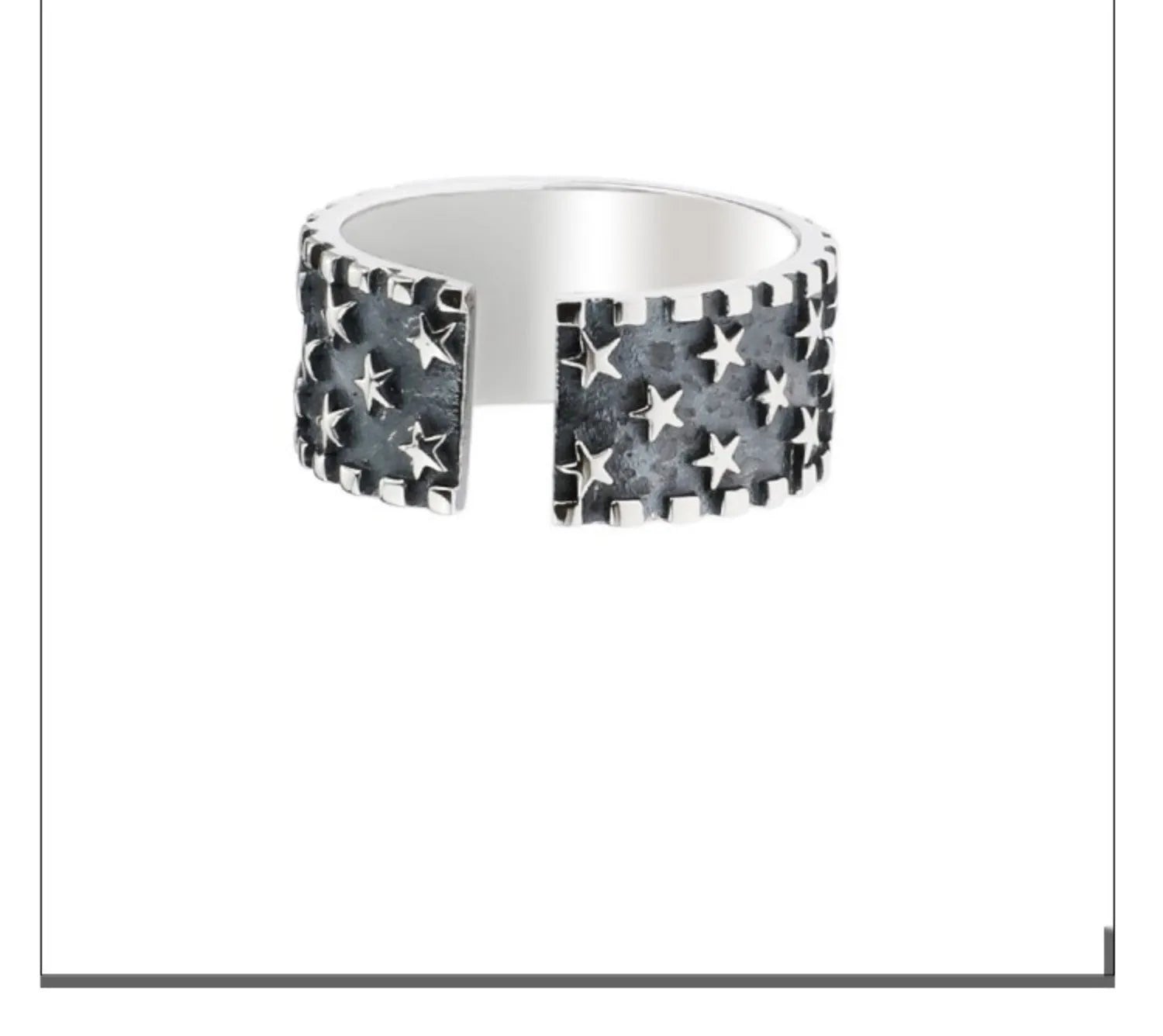 Adjustable opening sterling silver ring with a five-pointed star geometric design.