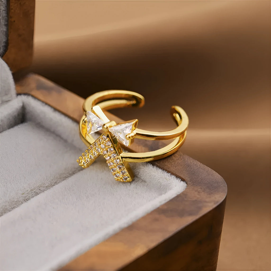 Korean women's open geometric ring in gold colour with adjustable band, showing electroplated copper construction