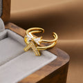 Korean women's open geometric ring in gold colour with adjustable band, showing electroplated copper construction