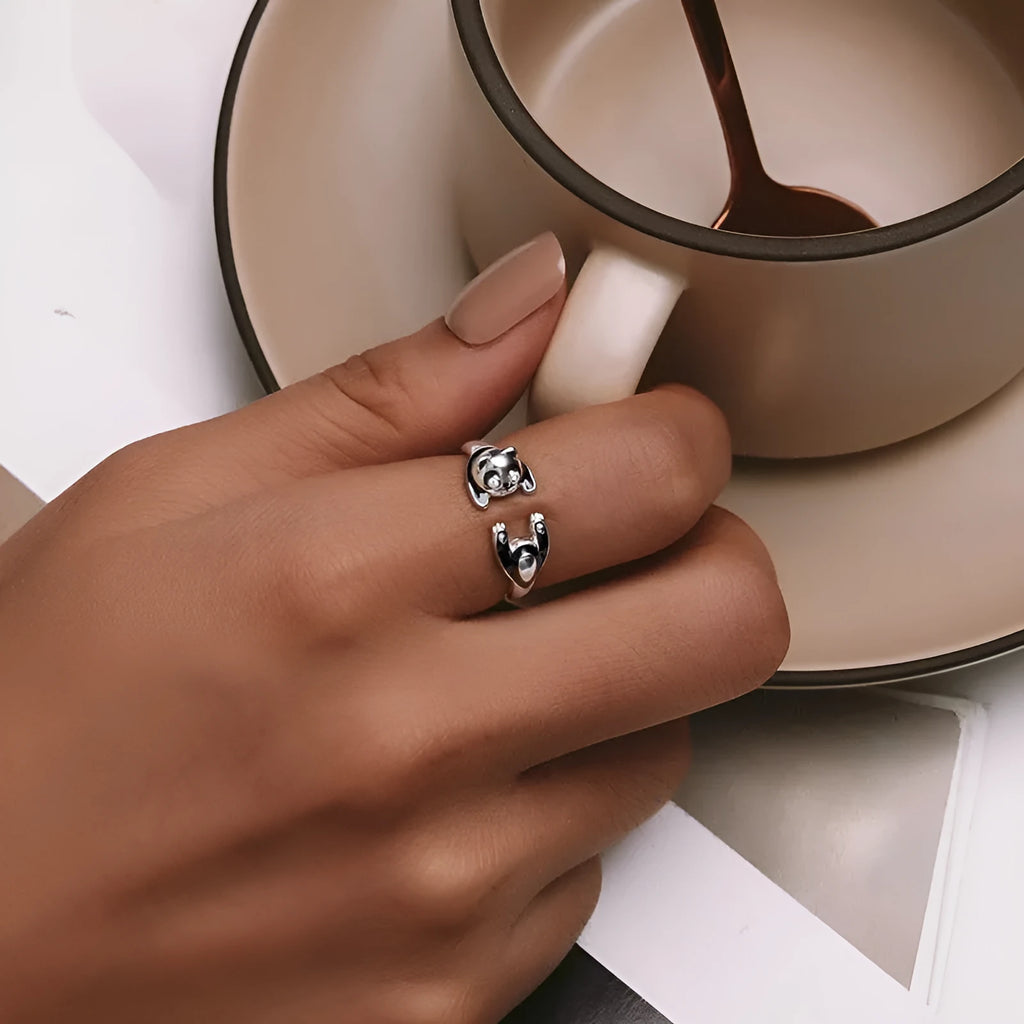 Adjustable sterling silver ring with panda design and white gold plating