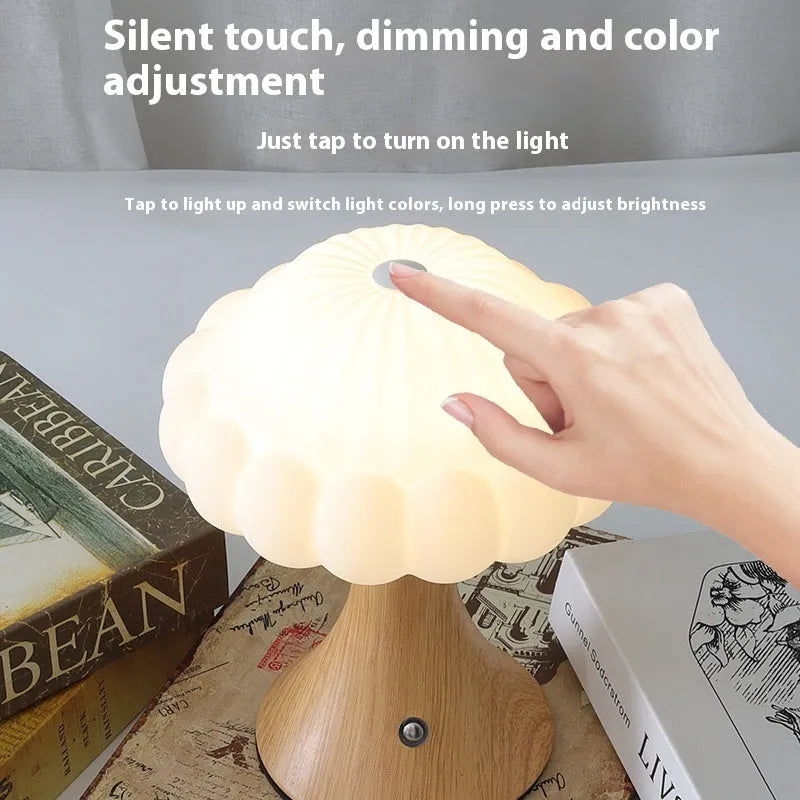 Mushroom touch lamp with USB cable in wood grain, white, cream, grey, or black for cafe decoration