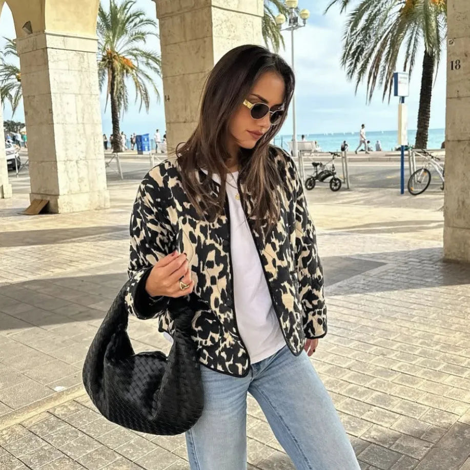 Women's printed snap-button long-sleeved jacket in three colour styles polyester fabric