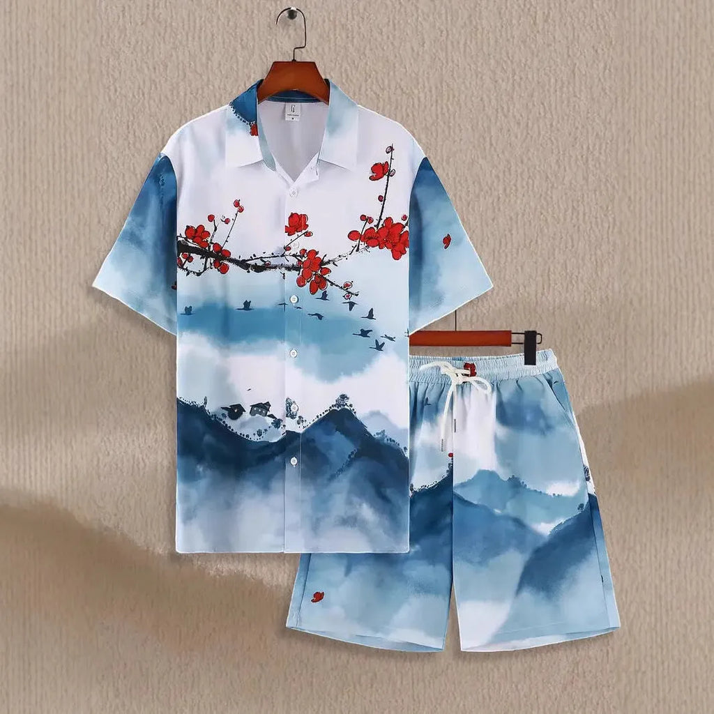 Men's wild print short sleeve shirt and shorts set in polyester blend, sizes S to 4XL, summer casual outfit