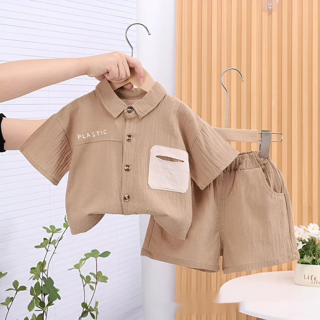 Boys' cotton short sleeve shirt and trousers set in solid colour, shown in four colourways and five sizes from 80cm to 120cm