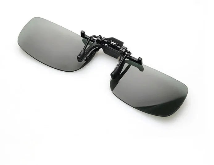Clip-on polarised sunglasses for prescription glasses with grey, dark green, and night vision lens tint options