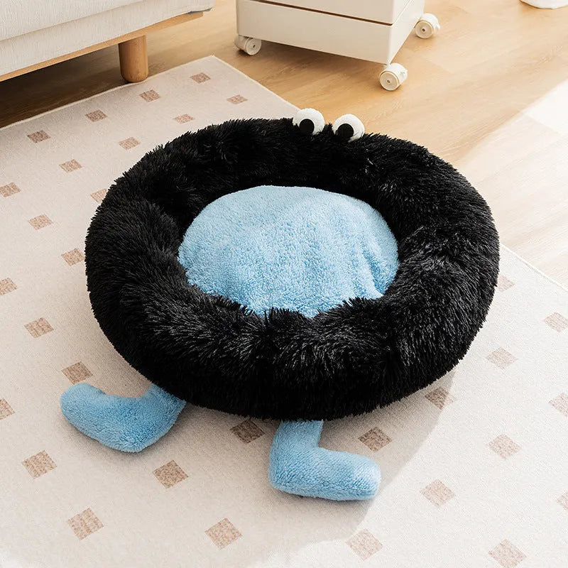 Elf briquettes pattern plush pet bed sleeping mat in blue, pink or yellow colours showing kennel-style raised sides