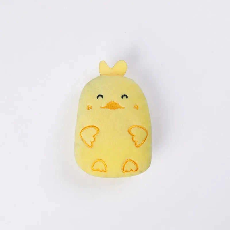 Plush catnip chewing toy for teeth grinding with vocal sounds, shown in assorted colours