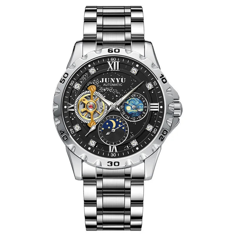 Men's automatic mechanical watch with luminous hands and waterproof case in rose gold, silver, or gold.