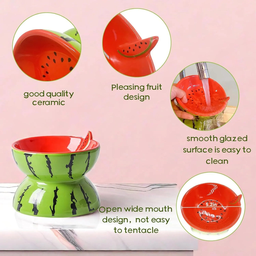 Ceramic tilted and elevated cat food bowl in orange pattern with non-slip base.