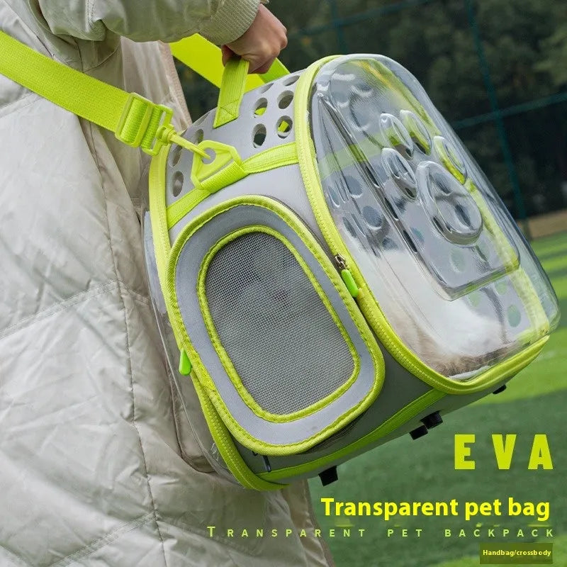 Large transparent hard EVA cat backpack carrier in violet colour showing space capsule design