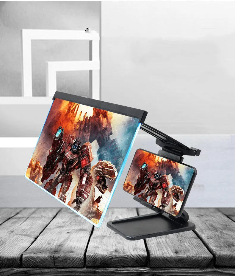Black 12-inch curved mobile phone screen amplifier with detachable holder, shown folded and unfolded.