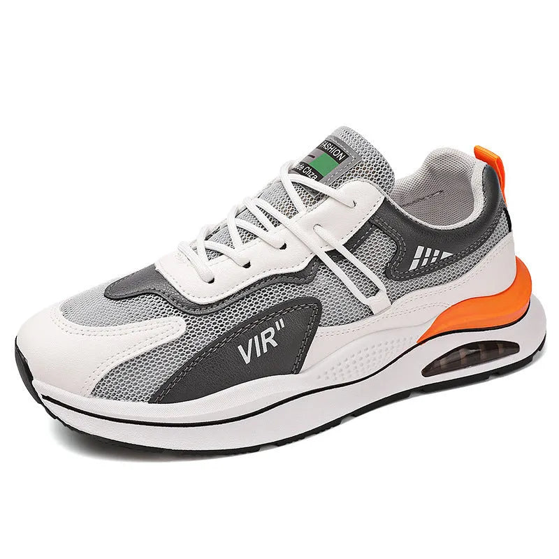 Men's gray and black breathable mesh casual running shoes with a round toe and EVA sole.