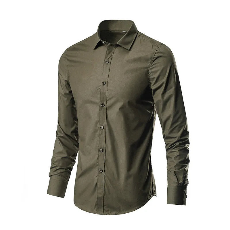 Men's long-sleeve linen shirt in a slim, loose fit on a hanger, shown in a navy blue colour.