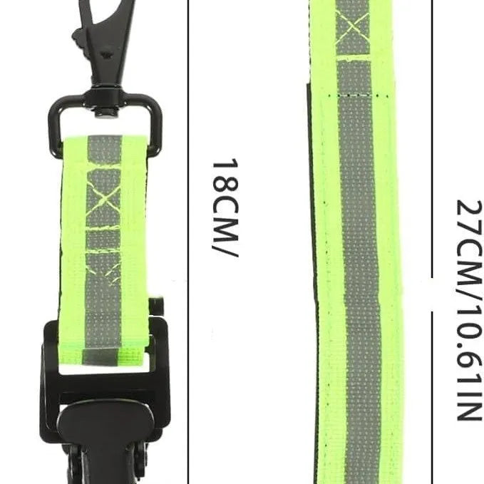 Fluorescent green metal safety glove clip with reflective tape and adjustable buckle.