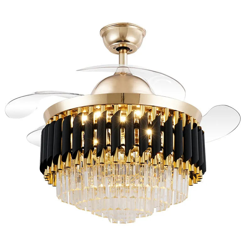 Crystal chandelier style ceiling fan light with remote control on a white ceiling.