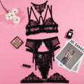 Black women's mesh bra with white embroidery stitching detail, shown from the front.
