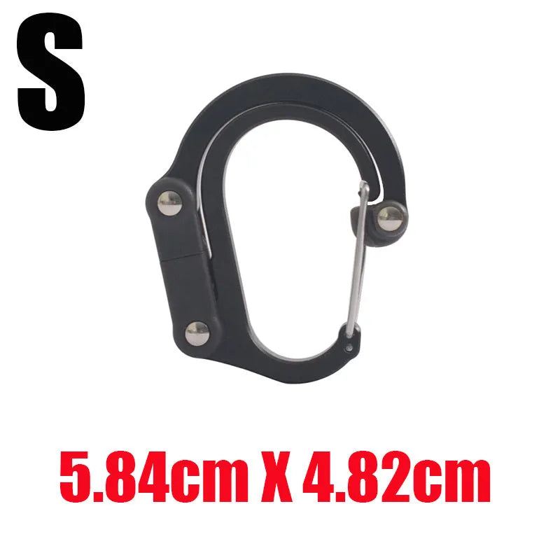 Hybrid gear clip carabiner with rotating foldable hook in black, blue, golden, and red